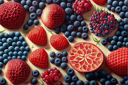  a painting of berries, blueberries, and raspberries on a table top with a pattern of red and blue berries on the surface.  generative ai