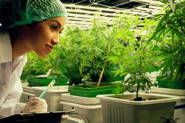 Female scientist research and record data from gratifying cannabis plants in the pot. Grow facility...
