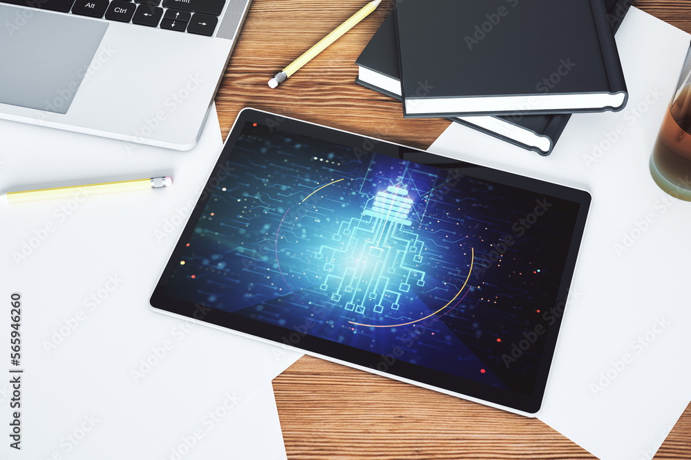 Poster creative light bulb with chip hologram on modern digital tablet screen, artificial intelligence and 