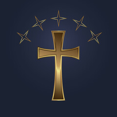 Five star on the top of holy cross symbol with gold color, Premium holy cross icon, symbol for protection of soul and spirit vector illustration