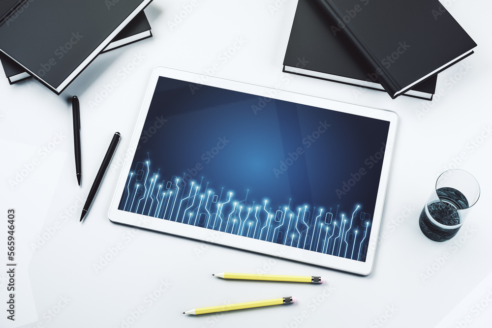 Poster Creative concept of microscheme illustration on modern digital tablet screen. Big data and database concept. Top view. 3D Rendering