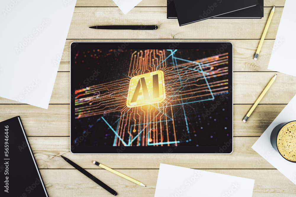 Fototapete Top view of modern digital tablet monitor with creative artificial Intelligence icon. Neural networks and machine learning concept. 3D Rendering