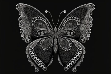 Plakat a black and white butterfly with intricate patterns on it's wings, with a black background and a white outline of a butterfly with a. generative ai
