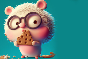 illustrazione generata con intelligenza artificiale di simpatico personaggio che mangia un biscotto con gocce di cioccolato , con occhiali e lingua rosa su sfondo neutro colorato,  - obrazy, fototapety, plakaty