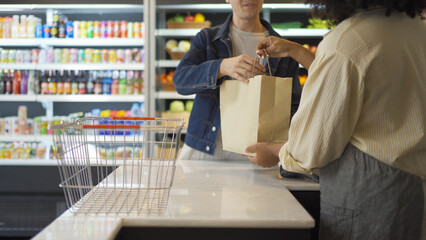 Portrait of people working, shopping in a supermarket or retail minimart shop and food on grocery...
