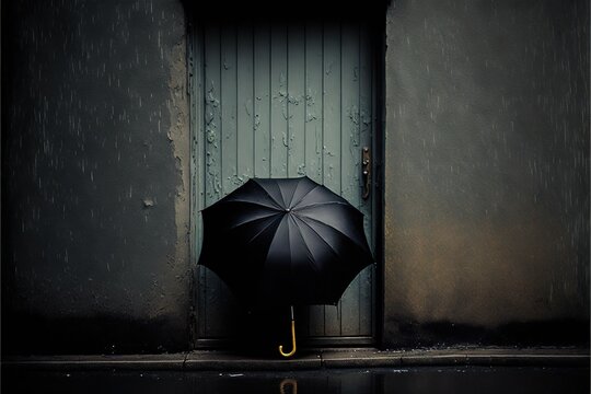  a person holding an umbrella in front of a door in the rain, with the door open and the door partially closed, with the door partially closed.  generative ai