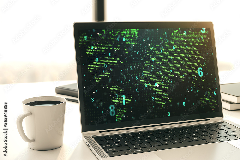 Poster modern computer monitor with abstract programming language with world map, research and development 