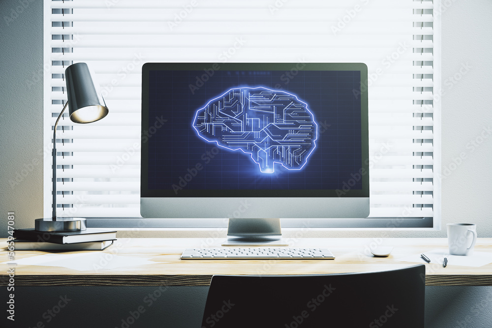 Poster modern computer display with creative human brain microcircuit. future technology and ai concept. 3d