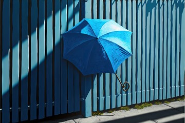  a blue umbrella is hanging on a blue fence outside a building in the daytime sun, with a shadow cast on the wall behind it.  generative ai