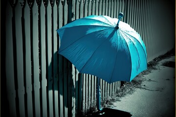  a blue umbrella is hanging on a fence near a sidewalk and a sidewalk side walk with a fence and a fence behind it, and a black and white fence.  generative ai