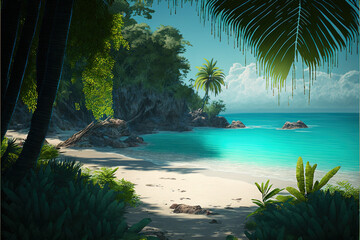 Plakat White sandy beach with cyan ocean, Beautiful beach with palms and turquoise sea, Generative Ai