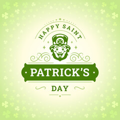 Happy Saint Patrick's Day lucky leprechaun troll vintage greeting card typographic template vector