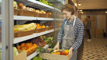 Portrait of people working, shopping in a supermarket or retail minimart shop and food on grocery products. Food shopping. People lifestyle. Business service.