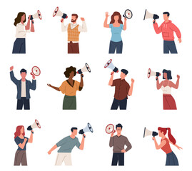 Fototapeta na wymiar People speak into megaphone. Different flat people characters hold loudspeakers in hands, event alert, audio announcing, men and women shouting message, nowaday vector isolated set