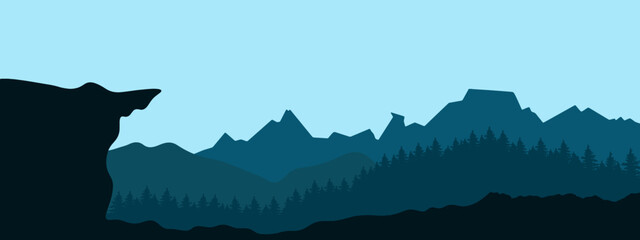 Blue mountain landscape background banner panorama illustration vector drawing - View with black silhouette of mountains, hills, forest trees firs and rock