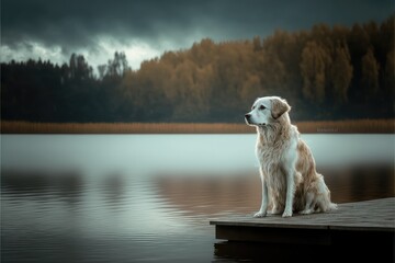 Dog on doc by lake