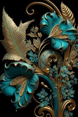golden and blue ornate pattern and abstract flowers