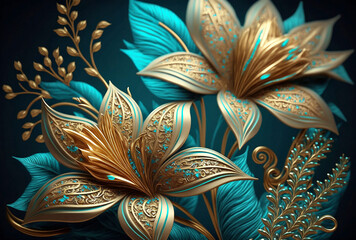 golden and blue ornate pattern and abstract flowers