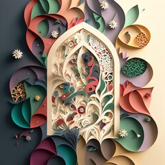Fototapeta na wymiar Eid al-Fitr theme abstract ornament colorful muted color 3D paper craft style. Generative Ai. 