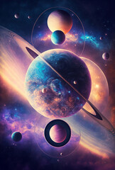 universe and fantastic planets in space on a dark background
