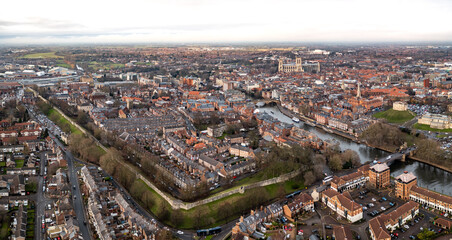Aerial skyline view of York city walls with York Minster in the distance