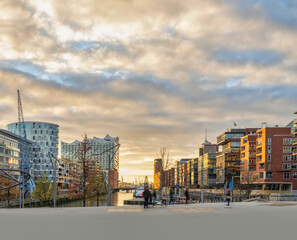Modern buildings along the harbour on Elbe River, Hafen City quarter Hamburg, Germany