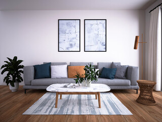 Mock up a perfect spacious living room with a large comfortable sofa and a modern light backdrop, 3d rendering.
