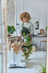 Photo of serious curly haired woman replants potted flowers uses small gardening shovel dressed casually involved in home gardening poses against home interior. Gardening and floristic concept