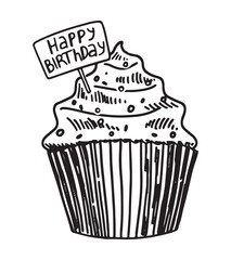 Birthday cupcake hand drawn vector illustration. Celebration party holidays attribute outline clipart isolated on white background.