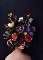 Food collage still life bouquet of vegetables, fruits and seafood on the woman's head, digital art painting