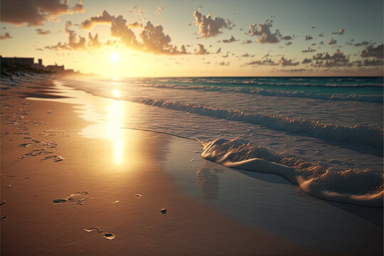 landscape with sea sunset on beach Vacation beach, beach sand, beach summer, Generative Ai