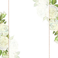 Fototapeta na wymiar Watercolor illustration. Square frame with white roses with translucent veil and gold edging. Place for inscription or text. Isolated on a white background.For design of card, wedding invitation
