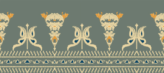 African Ikat paisley embroidery. Batik Textile ikat frame seamless pattern digital vector design for Print saree Kurti Borneo Fabric border Ikkat Dupatta