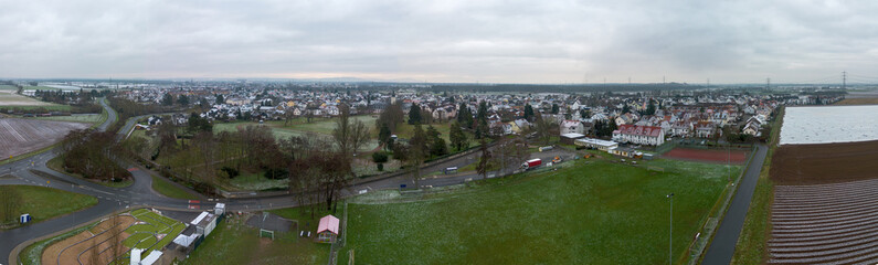 Panorama View over Weiterstadt Braunshardt on a cloudy, winter day with light snow