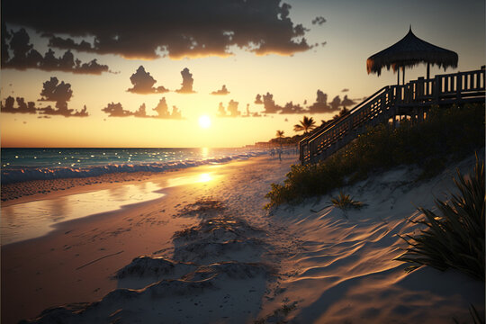 Sunrising on the beach Art Beautiful sunrise over the tropical beach Generative Ai