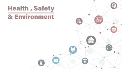 Health Safety and Environment Icon Set and Web Header Banner. icons related to industrial accident prevention, workplace safety training, industrial regulations, hazard warning, protective equipment.