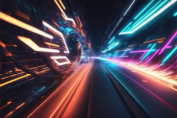 Fototapeta premium Glowing colorful of neon light or laser moving high speed data network technology. Generative AI