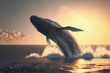 A beautiful large whale jumping out of the water, sunset in the background. Generative ai