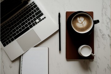  a cup of coffee and a notebook on a table with a laptop and pen on it and a cup of coffee on the table next to it.  generative ai