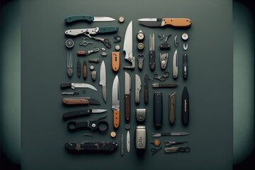 Pocket knife flat lay — Generative AI - obrazy, fototapety, plakaty