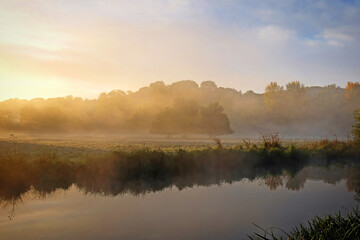 Mist over the meadows of the River Wey, Guildford, Surrey, UK