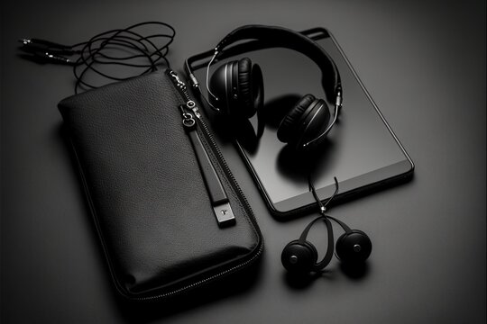  a black case, headphones, and a tablet on a table with a phone and a wallet on it, all in black and white.  generative ai