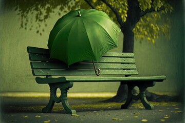 a green umbrella is sitting on a green bench near a tree and a bench with a bench underneath it and a tree in the background.  generative ai