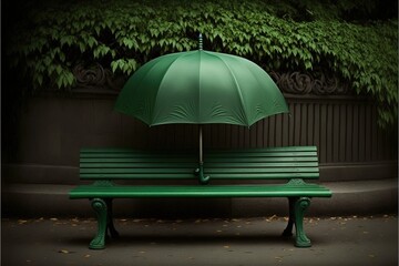 Obraz na płótnie Canvas a green bench with an umbrella on it in front of a tree and a wall with green leaves on it, in a park area with a sidewalk and a green bench. generative ai