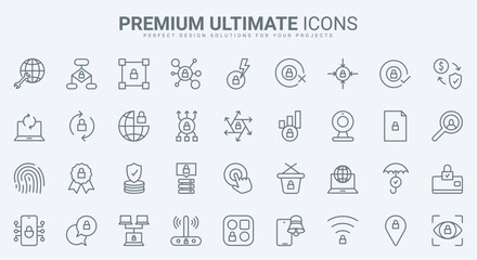 Online security thin line icons set vector illustration. Outline secure encrypted connection and fingerprint verification for access, confidential data payment protection, server notification