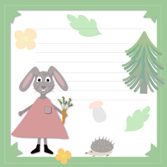 Card, invitation to a children's party with a girl bunny, flowers, a fir and leaves. Vector graphics