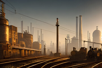 Obraz na płótnie Canvas Steampunk City With Industries and Trains 0- Background for Level Design, RPG and Indie Games (AI)
