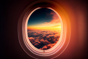 Flugzeug Fenster - Ausblick auf einen schönen Sonnenuntergang - Generative Ai