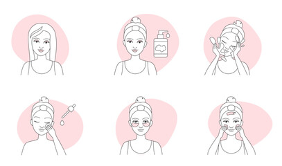 Makeup removal guide thin line icons set vector illustration. Outline girls remove beauty products from skin of face, use facial tissue and cotton pads, cleanser and water to clean and care skin