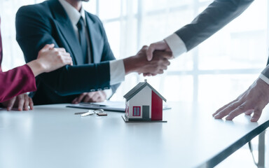 Businessperson real estate purchase agreement contract after sign official offer form is created by the homebuyer's agent and submitted to the seller